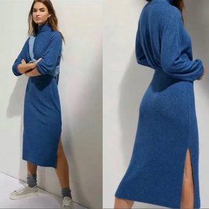 Anthro Saturday Sunday Blue Mariah Dress Womens L Mock Neck Ribbed Knit Midi